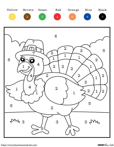 thanksgiving color by number  with turkey in a pilgrim hat