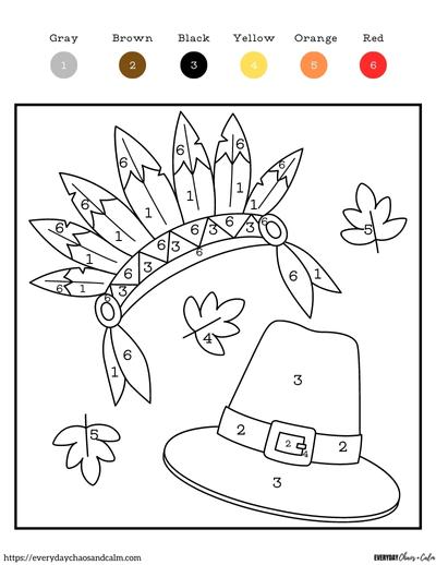 thanksgiving color by number  with native American headdress and pilgrim hat