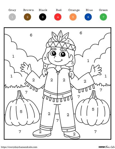 thanksgiving color by number with native american girl with pumpkins