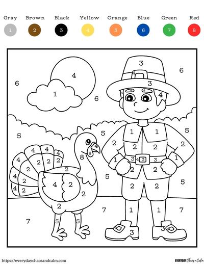 thanksgiving color by number with pilgrim boy and turkey