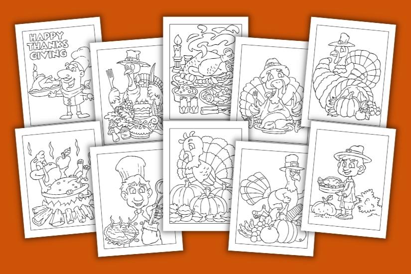 10 thanksgiving coloring pages on an orange background