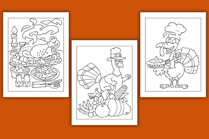 3 thanksgiving coloring pages on an orange background