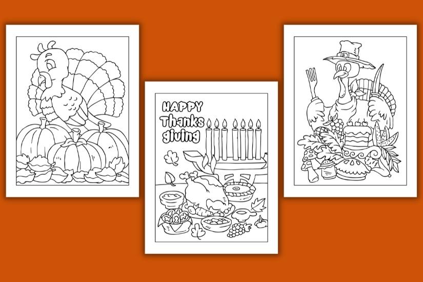 3 thanksgiving coloring pages on an orange background