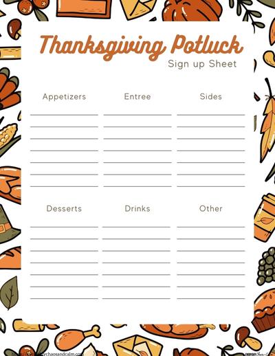 Printable Thanksgiving Potluck Sign Up Sheet with Categories Free printable Thanksgiving potluck sign up sheets, pdf, holidays, print, download.