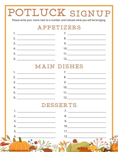 Numbered Thanksgiving Potluck Sheet with 3 Categories Free printable Thanksgiving potluck sign up sheets, pdf, holidays, print, download.