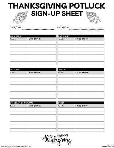 Black and White Thanksgiving Potluck Sign Up Sheet Free printable Thanksgiving potluck sign up sheets, pdf, holidays, print, download.