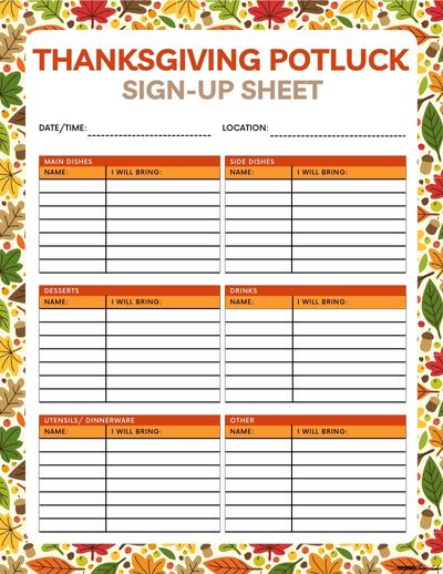Printable Thanksgiving Potluck Sign-Up Sheet with Categories Free printable Thanksgiving potluck sign up sheets, pdf, holidays, print, download.