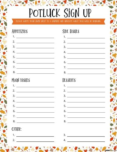 Printable Thanksgiving Potluck Signup Sheet with Categories Free printable Thanksgiving potluck sign up sheets, pdf, holidays, print, download.