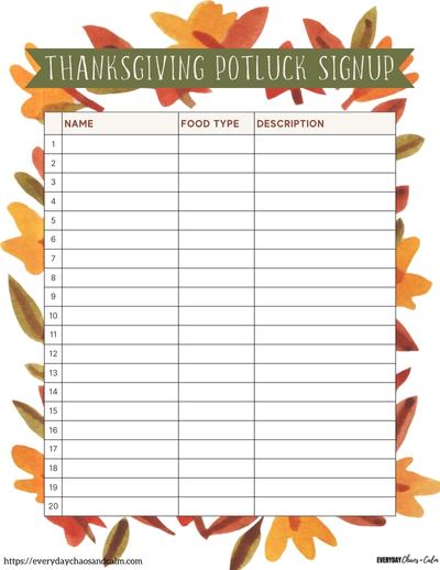 Printable Thanksgiving Potluck Sign Up List Free printable Thanksgiving potluck sign up sheets, pdf, holidays, print, download.
