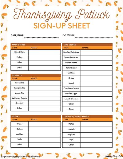 Printable Thanksgiving Potluck Sign Up Sheet With Food List Free printable Thanksgiving potluck sign up sheets, pdf, holidays, print, download.