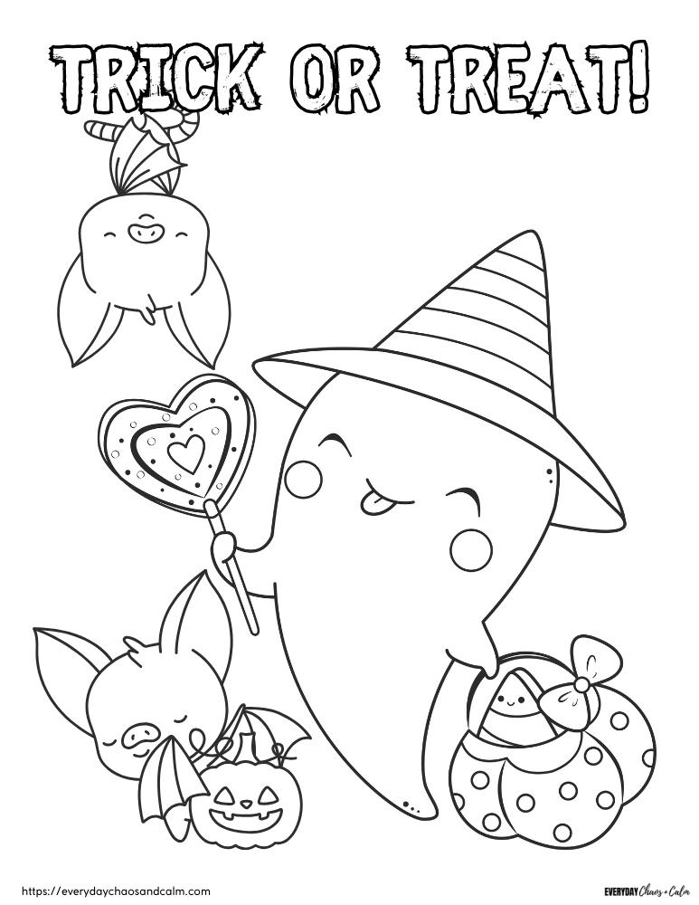 Free printable Trick or Treat coloring pages, pdf, for kids, print, download.
