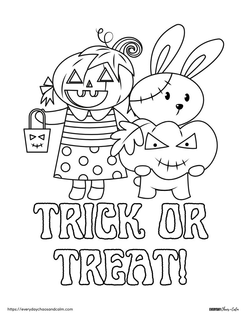 Free printable Trick or Treat coloring pages, pdf, for kids, print, download.