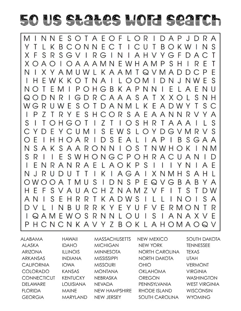 US states word search, geography, education printable, PDF, instant download, 