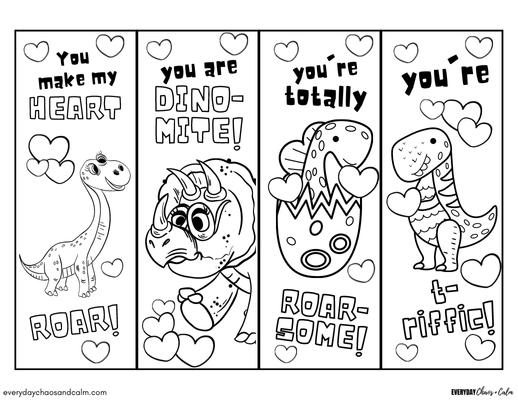 Printable Valentine bookmarks! set of 4 black and white dinosaur themed valentine's day bookmarks