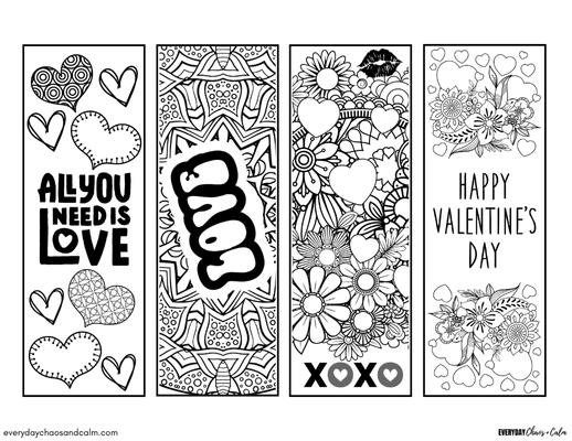 Printable valentine's day bookmarks- set of 4 black and white bookmarks to color 