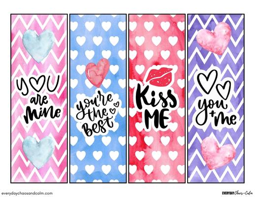 printable valentine bookmarks in various colors with valentine messages: you are mine, you're the best, kiss me, and you + me