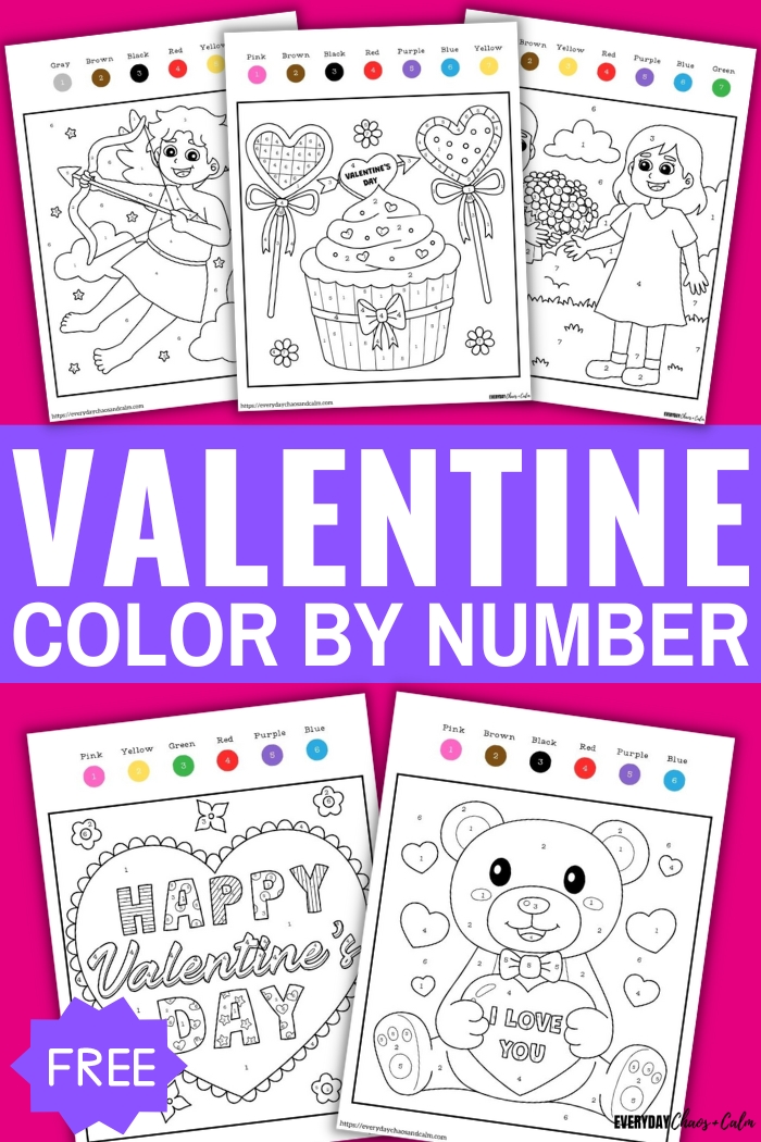 valentine color by number text with example pages on pink background