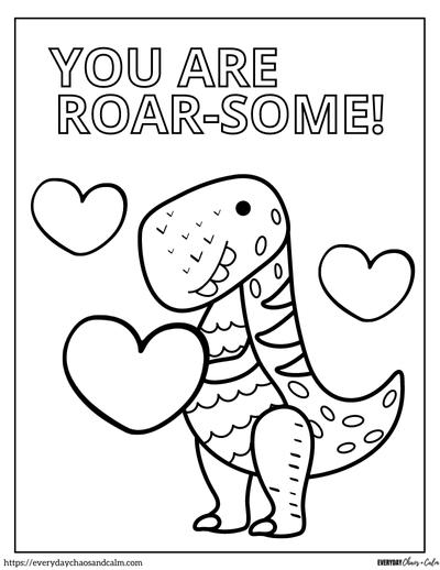 t-rex dinosaur valentine coloring page with the words you are roar-some