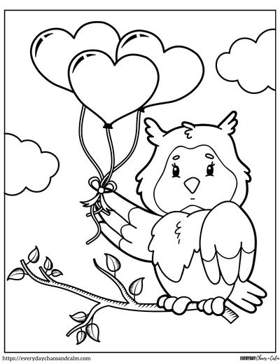 valentine coloring page of owl holding heart shaped balloons