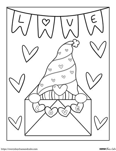 valentine gnome coloring page with LOVE banner