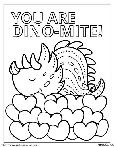 triceratops dinosaur coloring page with the words you are dino-mite!