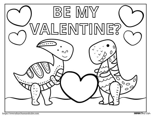 dinosaur valentine coloring page with 2 dinosaurs and the words be my valentine