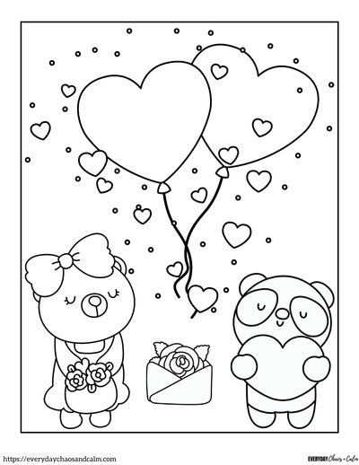 Valentine coloring page with bears holding hearts and flower with a bunch of heart balloons