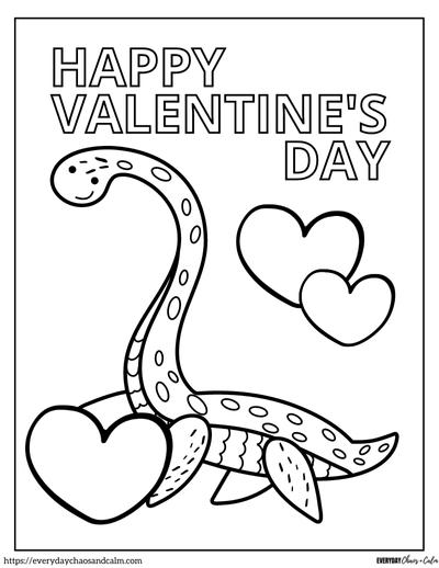 plesiasaur dinosaur valentine coloring page with hearts and the words happy valentine's day