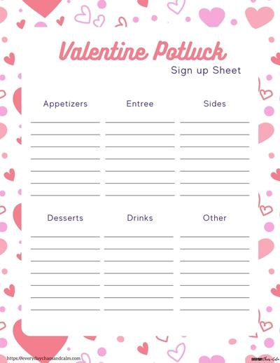 Printable Valentine's Day Potluck Sign Up Sheet with Categories Free printable valentine potluck sign up sheets, pdf, holidays, print, download.