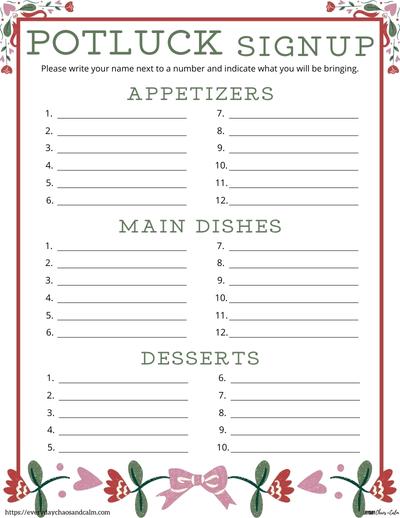 Numbered Valentine Potluck Sheet with 3 Categories Free printable valentine potluck sign up sheets, pdf, holidays, print, download.