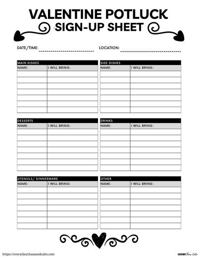 Black and White Valentine Potluck Sign Up Sheet Free printable valentine potluck sign up sheets, pdf, holidays, print, download.