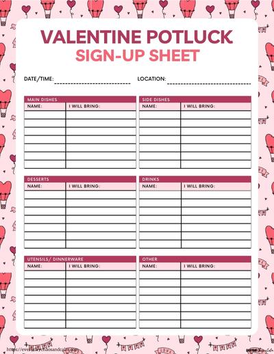 Printable Valentine's Day Potluck Sign-Up Sheet with Categories Free printable valentine potluck sign up sheets, pdf, holidays, print, download.