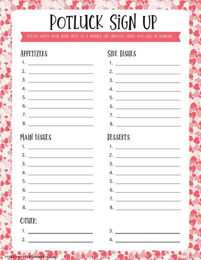 Printable Valentine Potluck Signup Sheet with Categories Free printable valentine potluck sign up sheets, pdf, holidays, print, download.