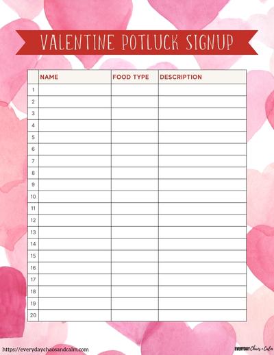 Printable Valentine's Day Potluck Sign Up List Free printable valentine potluck sign up sheets, pdf, holidays, print, download.
