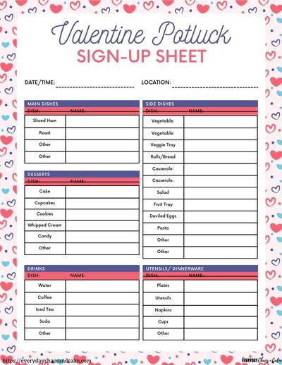 Printable Valentine Potluck Sign Up Sheet With Food List Free printable valentine potluck sign up sheets, pdf, holidays, print, download.