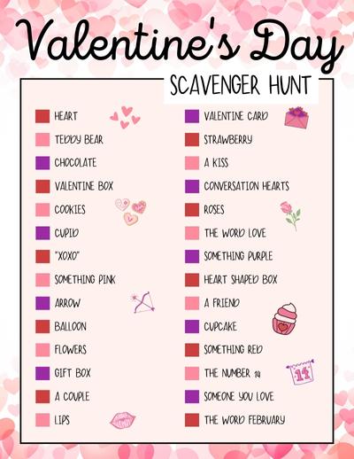 valentine scavenger hunt example with a list of valentine objects to find