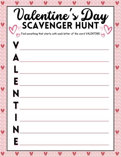 valentine scavenger hunt using the word VALENTINE written vertically