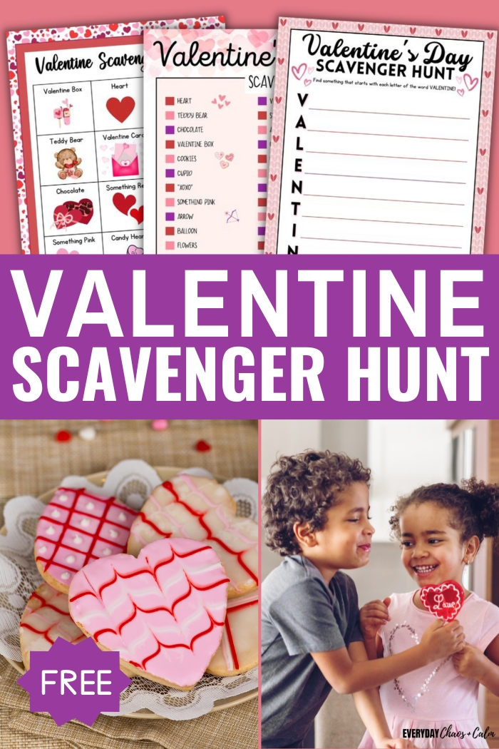 valentine scavenger hunt with picture of kids with a heart shaped lollipop and heart shaped cookies