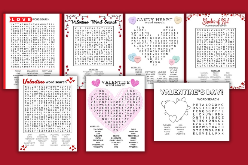 printable valentine word search with example pages