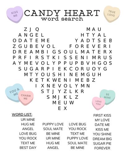 Candy Heart Valentine Word Search Free printable valentine word search for kids and adults, pdf, holidays, print, download.