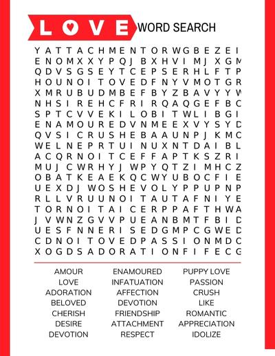 LOVE Valentine Word Search Free printable valentine word search for kids and adults, pdf, holidays, print, download.