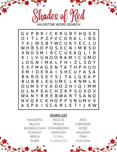 Shades of Red Valentine Word Search Free printable valentine word search for kids and adults, pdf, holidays, print, download.