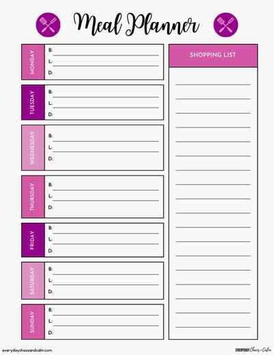 Cute Weekly Meal Planner Printable in Pink Free printable weekly meal planner with shopping list, for organization, saving money, and weight loss print, download.