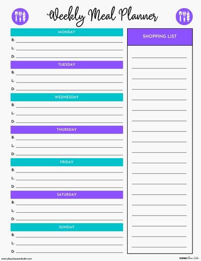 Printable Weekly Meal Planner in Purple & Teal Free printable weekly meal planner with shopping list, for organization, saving money, and weight loss print, download.