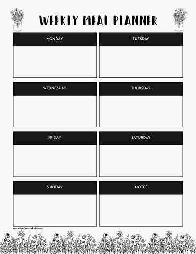 Simple Black and White Weekly Meal Planner Free printable weekly meal planner with shopping list, for organization, saving money, and weight loss print, download.