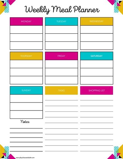 Cute Weekly Meal Planner with Shopping List & Tasks Free printable weekly meal planner with shopping list, for organization, saving money, and weight loss print, download.