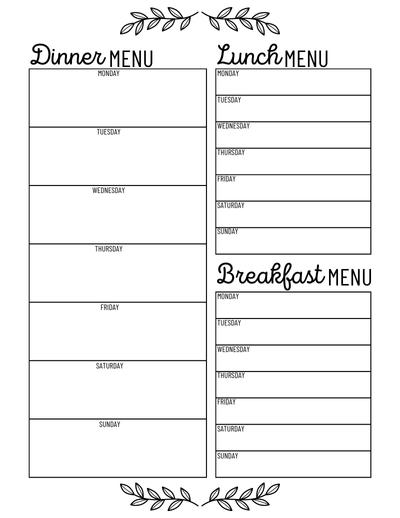 Black and White Meal Planner Divided by Meal Type Free printable weekly meal planner with shopping list, for organization, saving money, and weight loss print, download.