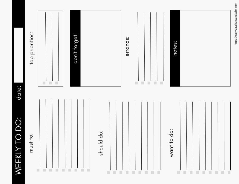 Black and White Weekly To Do List Without Days Free printable weekly to do list template, for organization, productivity, work or home, download.