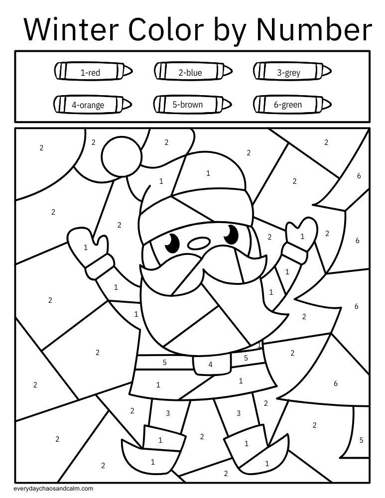 Santa winter color by number printable PDF worksheet for kids