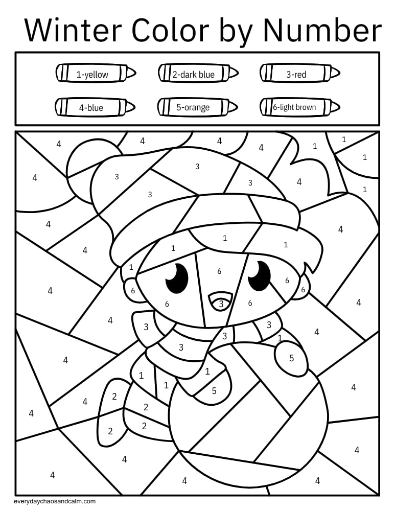 Snowball winter color by number printable PDF worksheet for kids